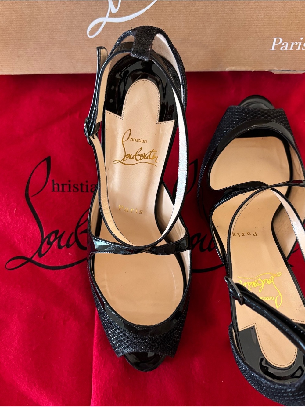 Christian Louboutin Black Glitter Peep-Toe Ankle-Strap Heels with Patent Trim - Picture 3 of 5